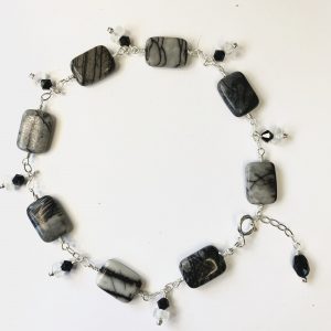 Stripe BLACK JASPER, Moonstone and Swarovski Anklet on 925 Sterling