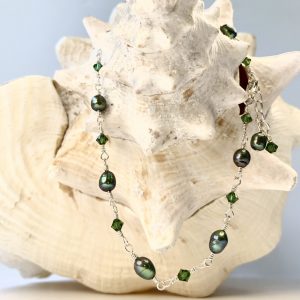Iridescent PEACOCK GREEN Pearls and Swarovski Petite Anklet
