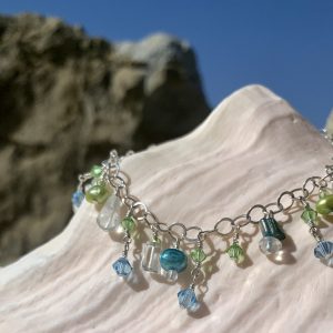 SOLD – OCEAN WAVES Aquamarine, Shells and Pearls Handmade Anklet