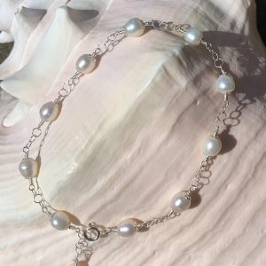SOLD – WHITE as WHITE Pearls on a Sterling Circle Link Chain Anklet