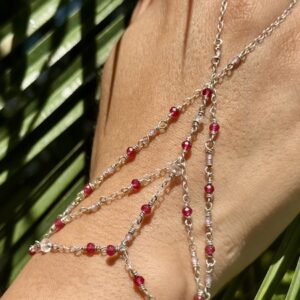 925 Sterling & Faceted Fuchsia Red Jade Hand Chain