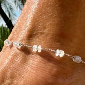 Double Moonstone Anklet, Blue Hued Gemstone, Minimalist 10.5″