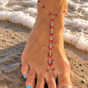 925 Sterling Foot Chain with Micro-Faceted Fuchsia and Orange Zircons