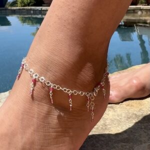 925 Sterling Double Drop Anklet with Pink Topaz & Tourmaline Gemstones