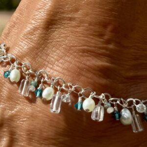 925 Sterling Anklet with Pearls, Tourmaline, Apatite and Swarovski Dangles