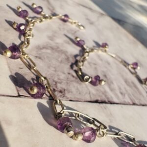 925 Sterling Anklet with Faceted Amethyst Dangles