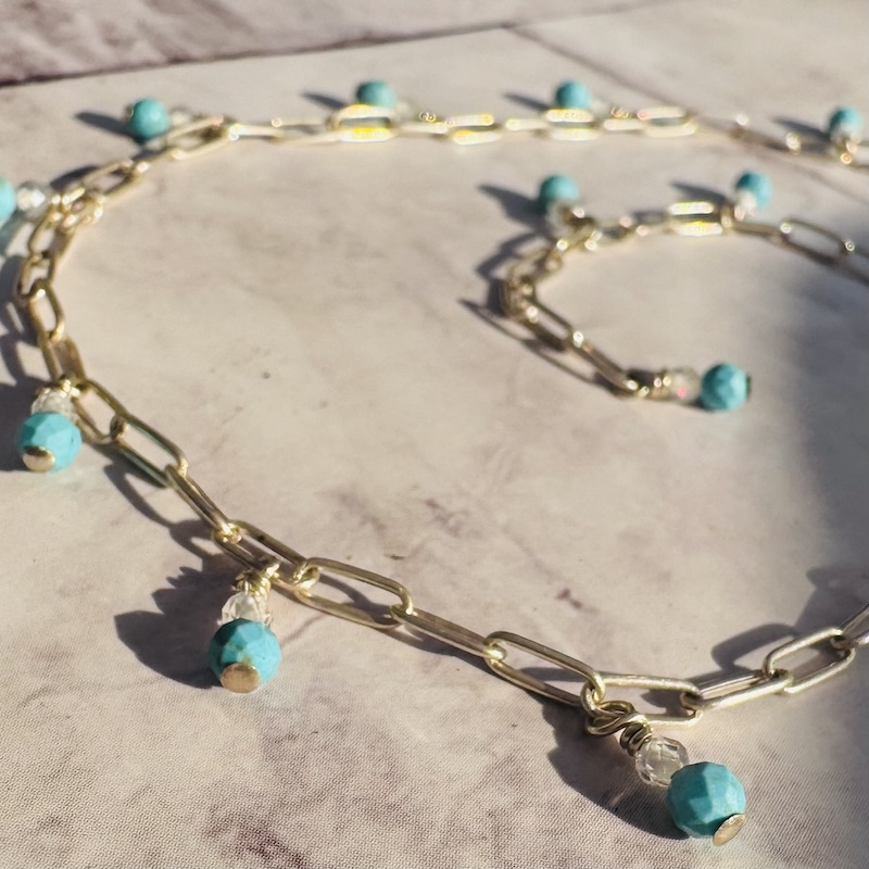 925 Sterling Anklet on Paperclip Chain and Turquoise Dangles - Image 2