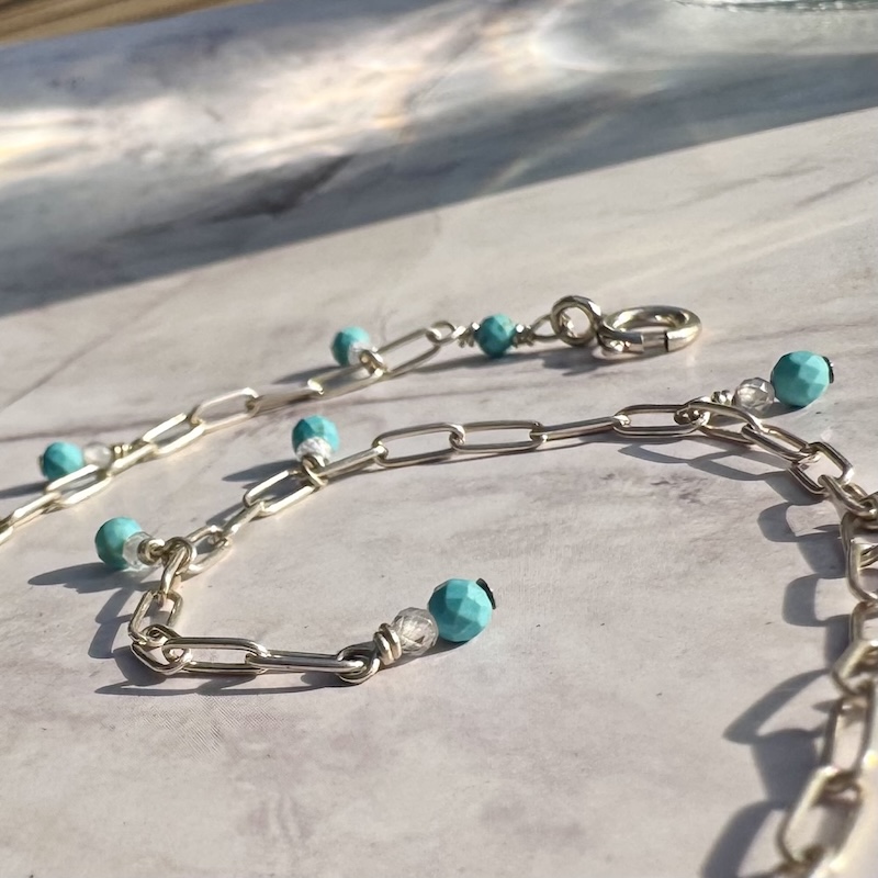 925 Sterling Anklet on Paperclip Chain and Turquoise Dangles