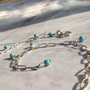 925 Sterling Paperclip Anklet with Faceted Turquoise