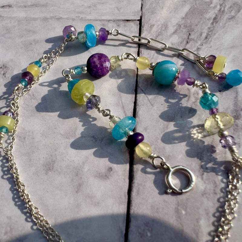 925 Sterling Anklet with a Collection of Colorful Gemstones