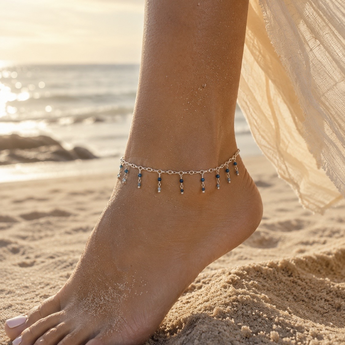 925 Sterling Double Drop Anklet with Apatite & Aquamarine Gemstones