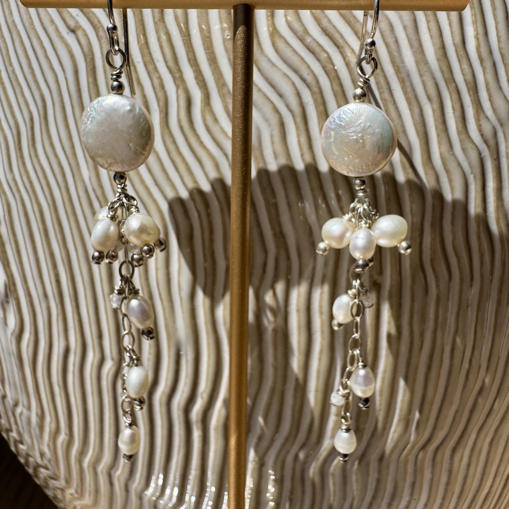 925 Sterling Earrings with Coin Pearls and Dangles - Image 2