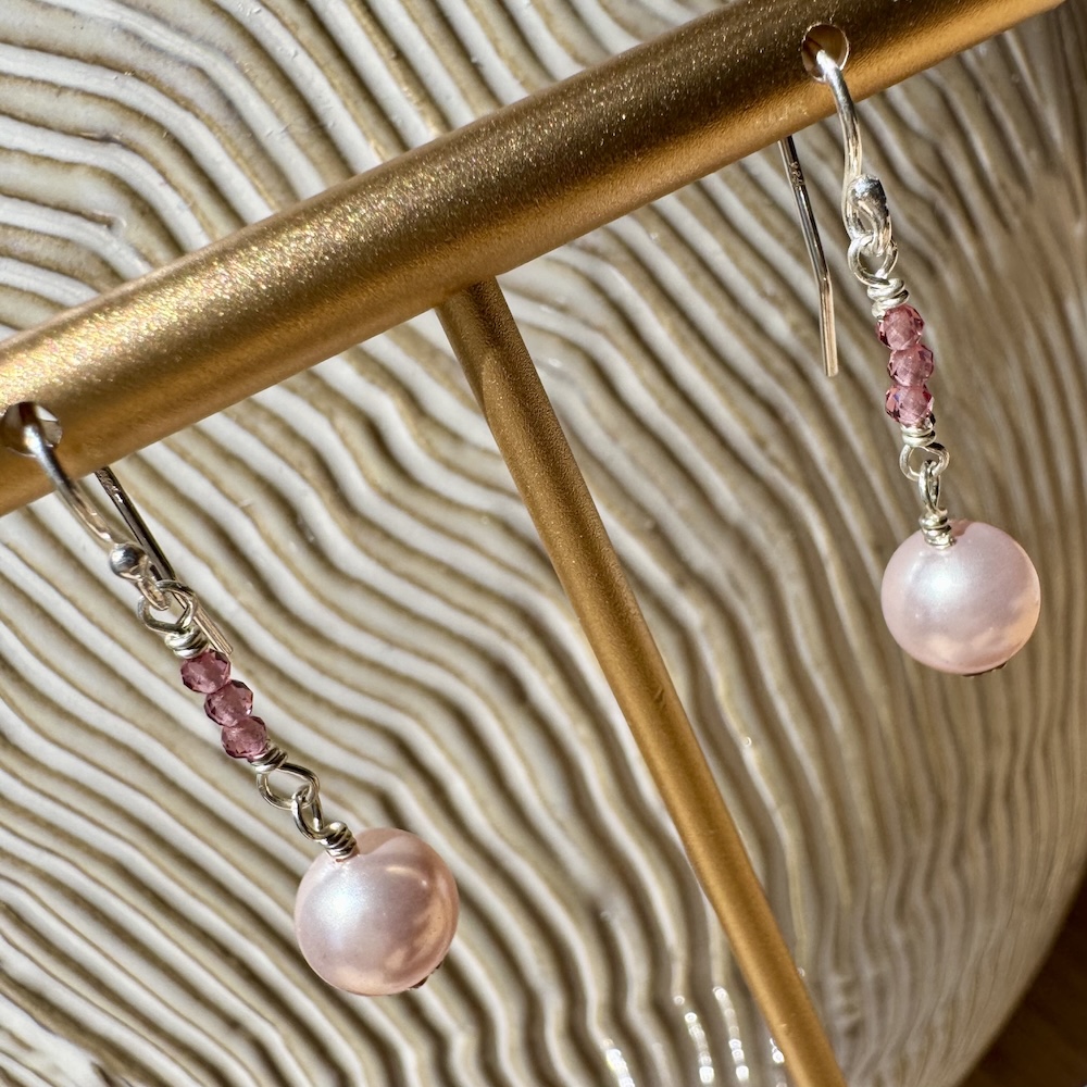 925 Sterling Earrings with Pink Pearls and Faceted Zircons - Image 3