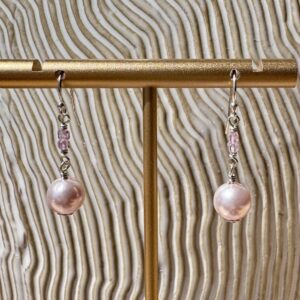 925 Sterling Earrings with Round Pink Pearls and Square Zircons