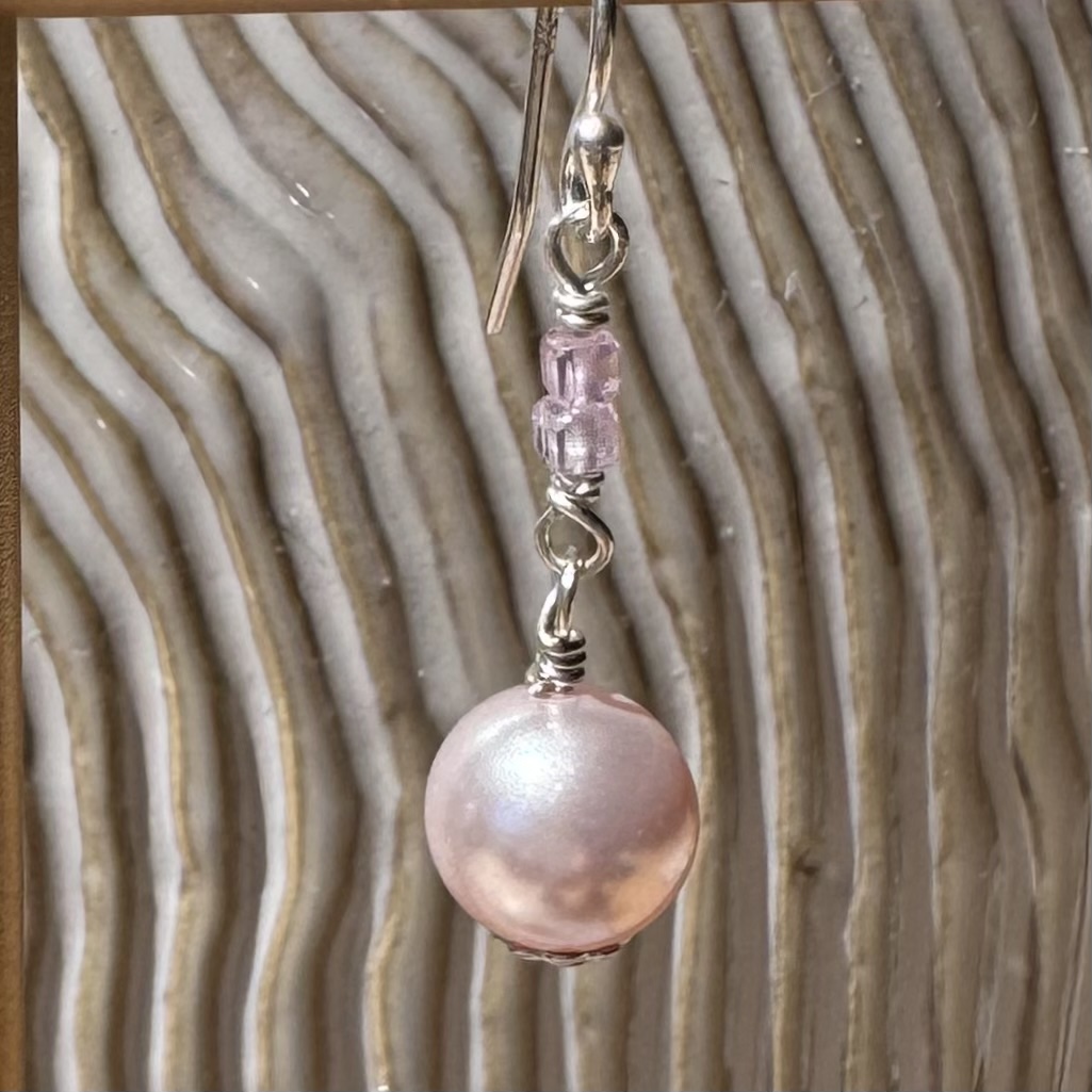 925 Sterling Earrings with Round Pink Pearls and Square Zircons - Image 3