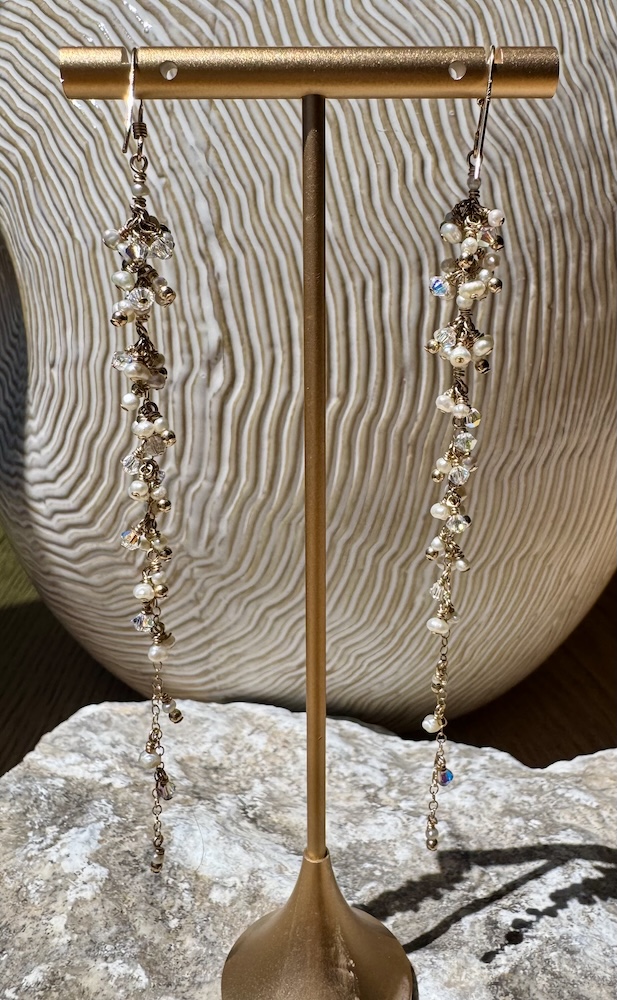 14K Gold-Filled Earrings with Tiny Pearls and AB Swarovski Dangles - Image 2