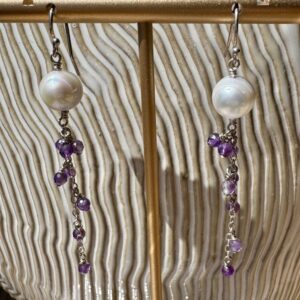 925 Sterling Earrings with Saltwater Pearls and Amethyst Gemstone Dangles