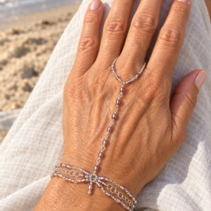 .925 Sterling Wrap Hand Chain with Triple Strand Lavender Pearl Bracelet