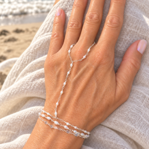 .925 Sterling Hand Chain with Triple Stand White Pearl Bracelet